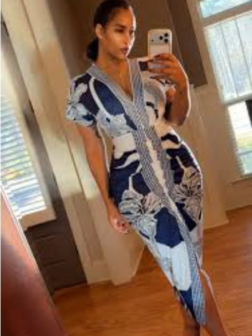Commense Navy and White Tropical Print V Neck Ruched Dress - Picture 5 of 11